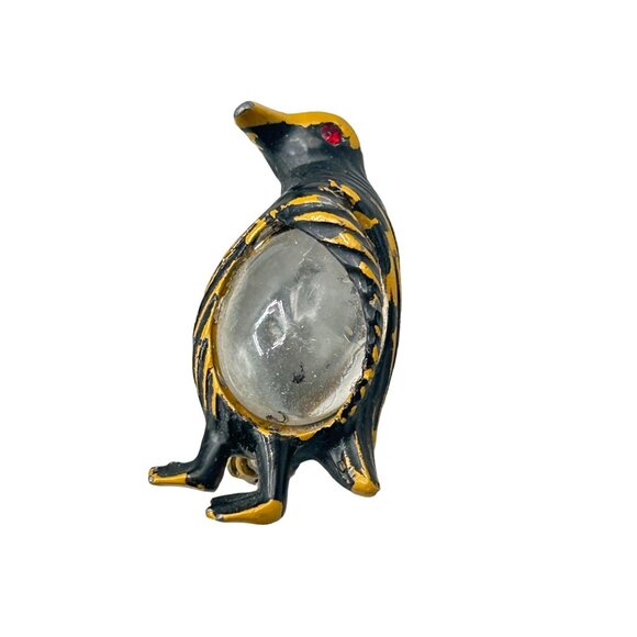 Vintage Penguin Brooch Pin Black & Gold Enamel with Clear Jelly Belly - Picture 1 of 6